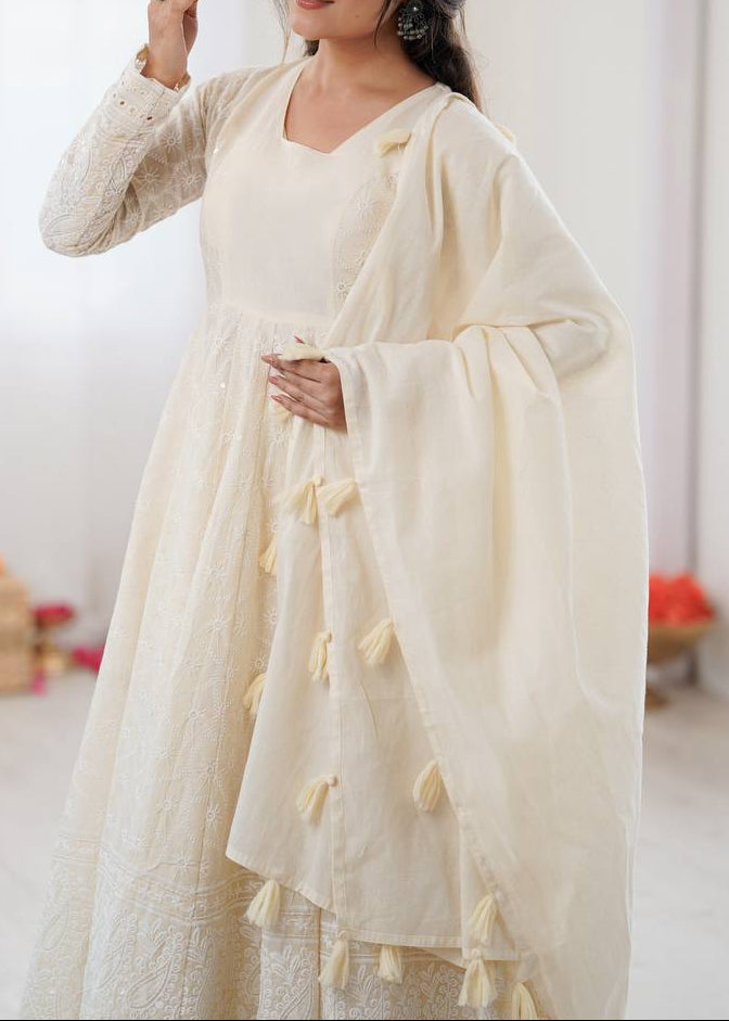 Party Wear Pure Kora Cotton Schiffli Work 3 Piece Set Anarkali Set