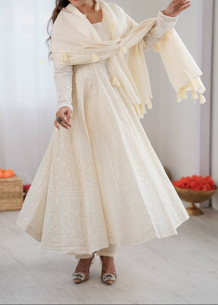Party Wear Pure Kora Cotton Schiffli Work 3 Piece Set Anarkali Set