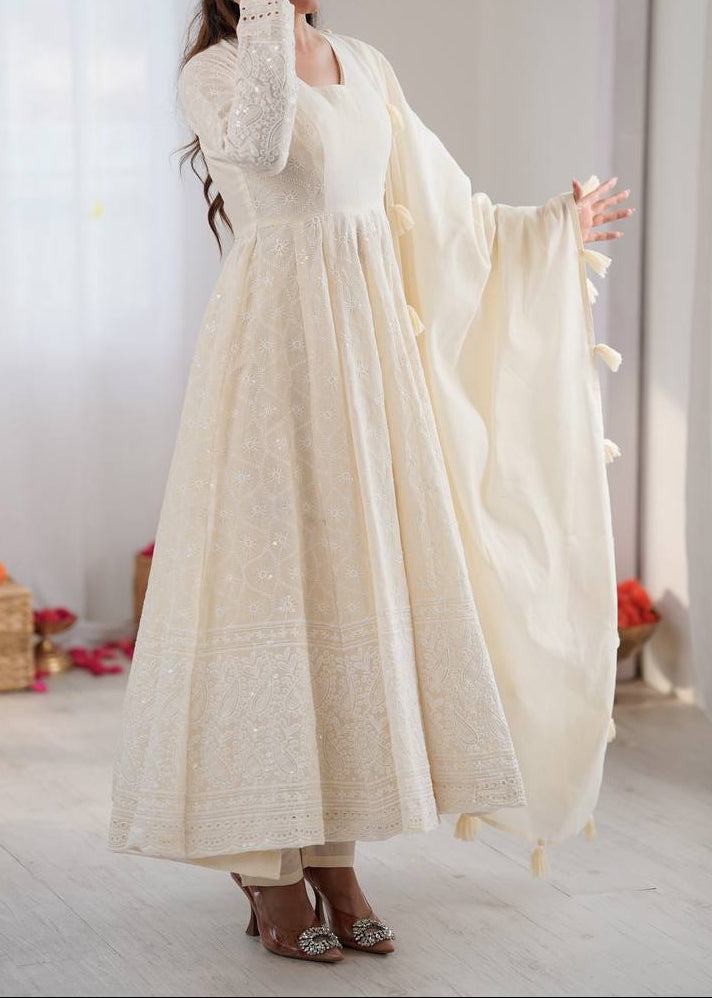 Party Wear Pure Kora Cotton Schiffli Work 3 Piece Set Anarkali Set