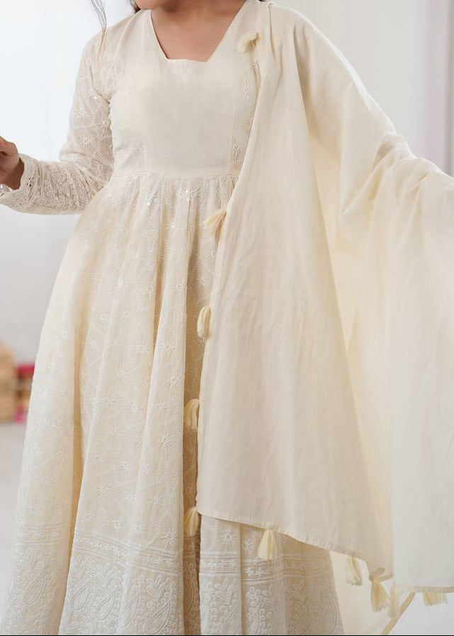 Party Wear Pure Kora Cotton Schiffli Work 3 Piece Set Anarkali Set