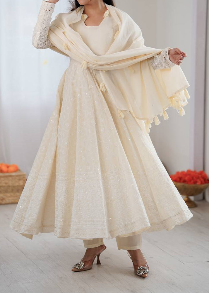 Party Wear Pure Kora Cotton Schiffli Work 3 Piece Set Anarkali Set