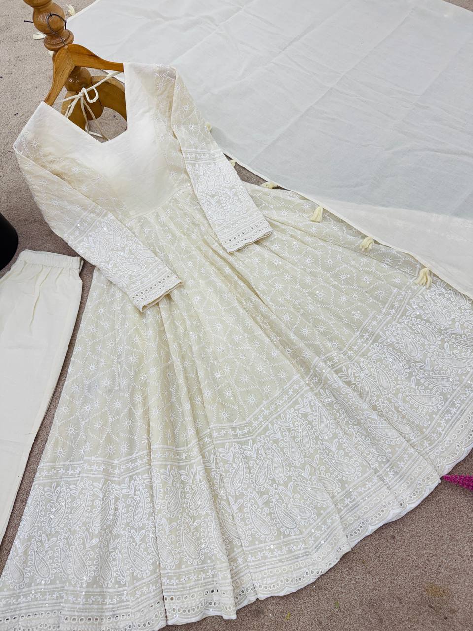 Party Wear Pure Kora Cotton Schiffli Work 3 Piece Set Anarkali Set