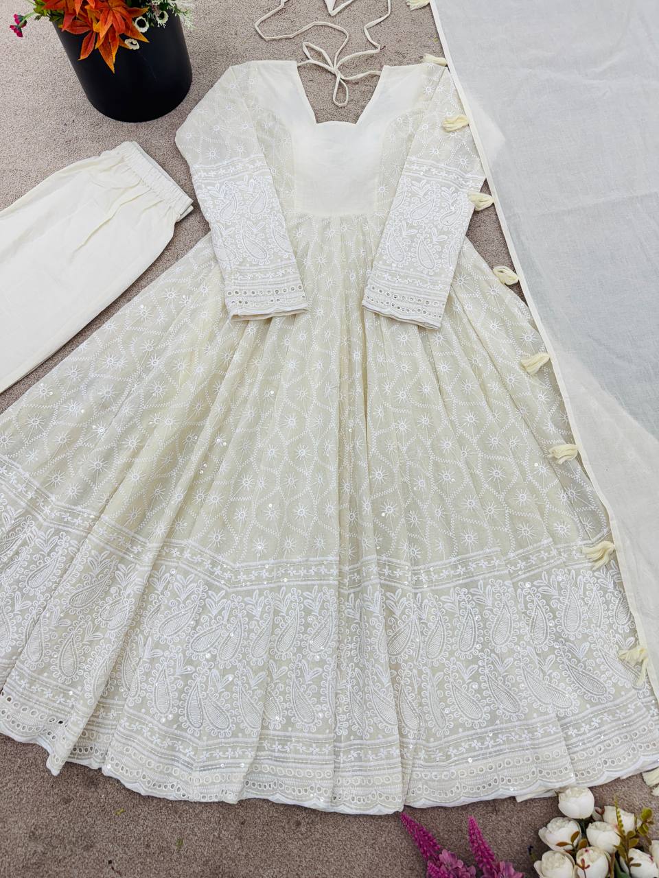 Party Wear Pure Kora Cotton Schiffli Work 3 Piece Set Anarkali Set