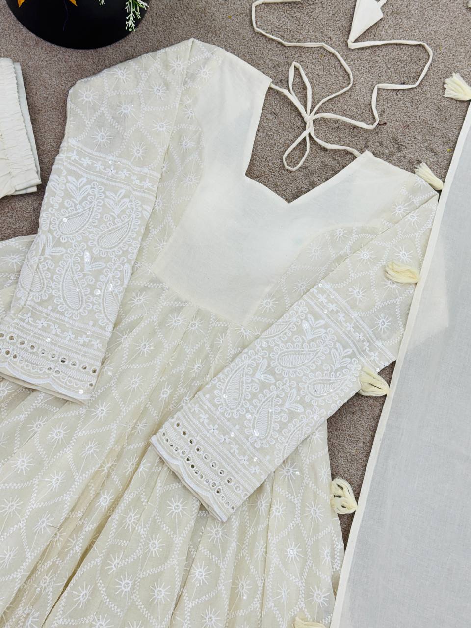 Party Wear Pure Kora Cotton Schiffli Work 3 Piece Set Anarkali Set