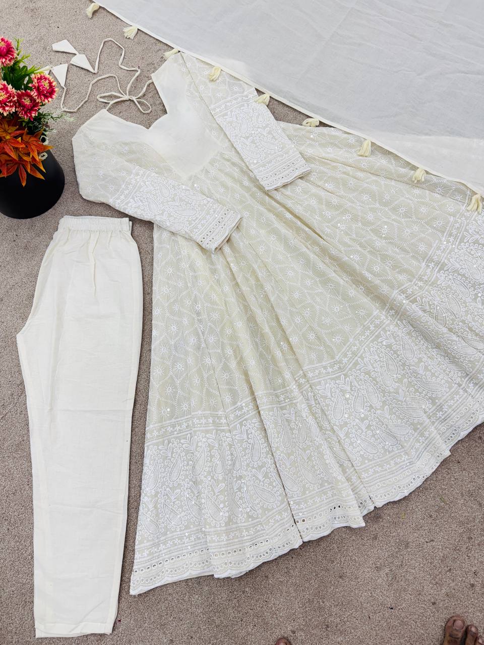 Party Wear Pure Kora Cotton Schiffli Work 3 Piece Set Anarkali Set