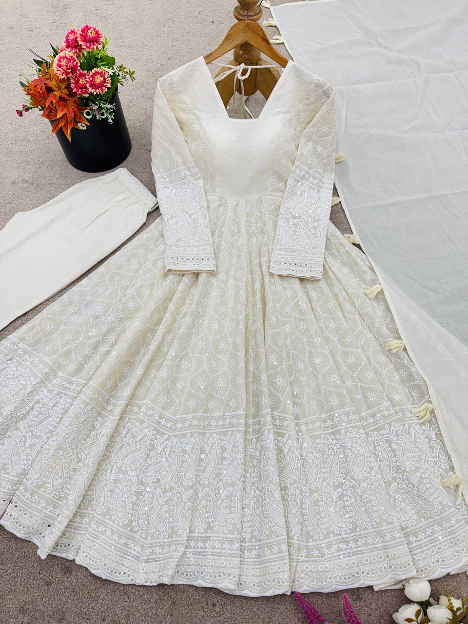 Party Wear Pure Kora Cotton Schiffli Work 3 Piece Set Anarkali Set