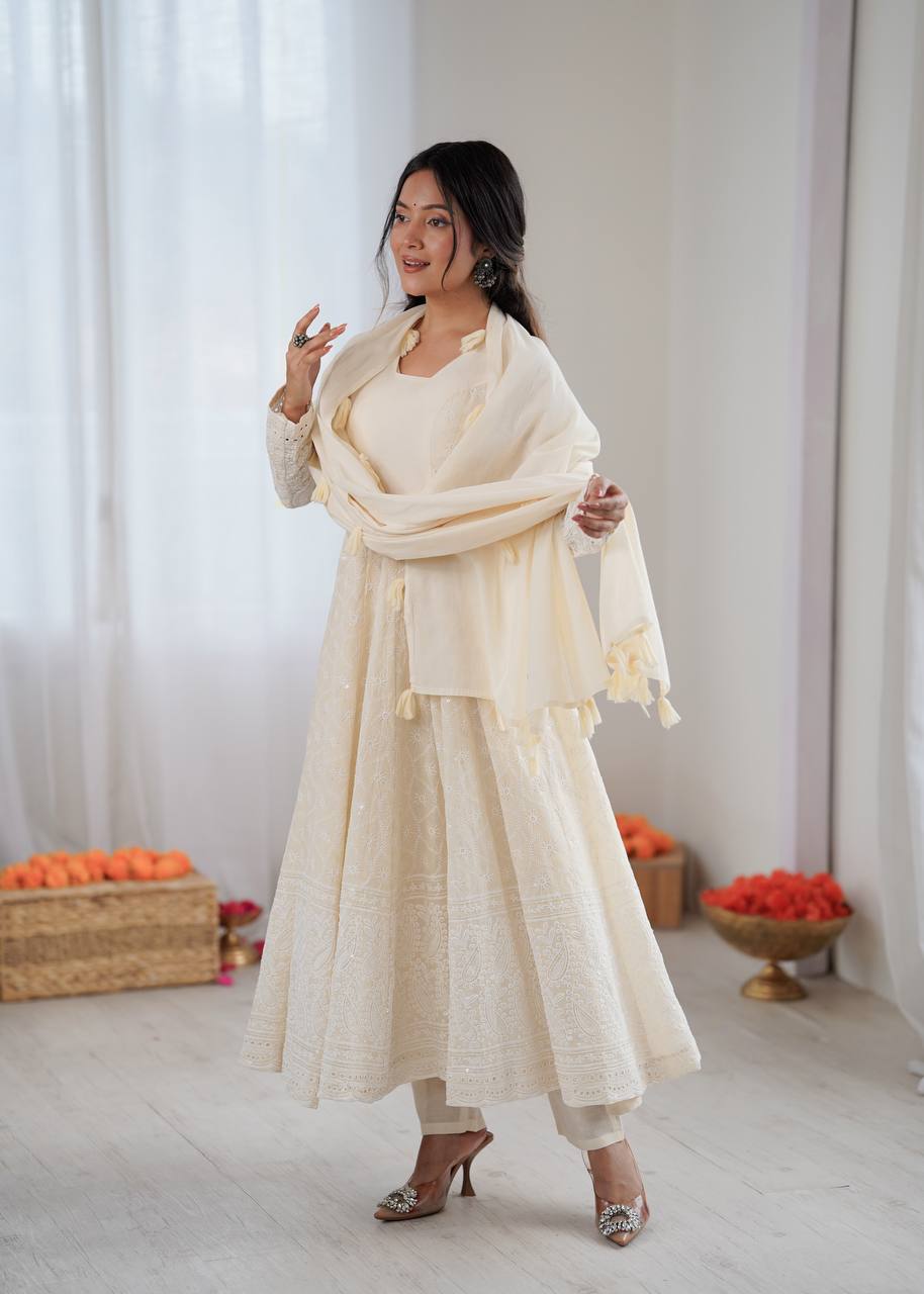 Party Wear Pure Kora Cotton Schiffli Work 3 Piece Set Anarkali Set