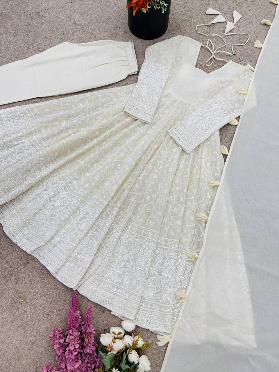 Party Wear Pure Kora Cotton Schiffli Work 3 Piece Set Anarkali Set