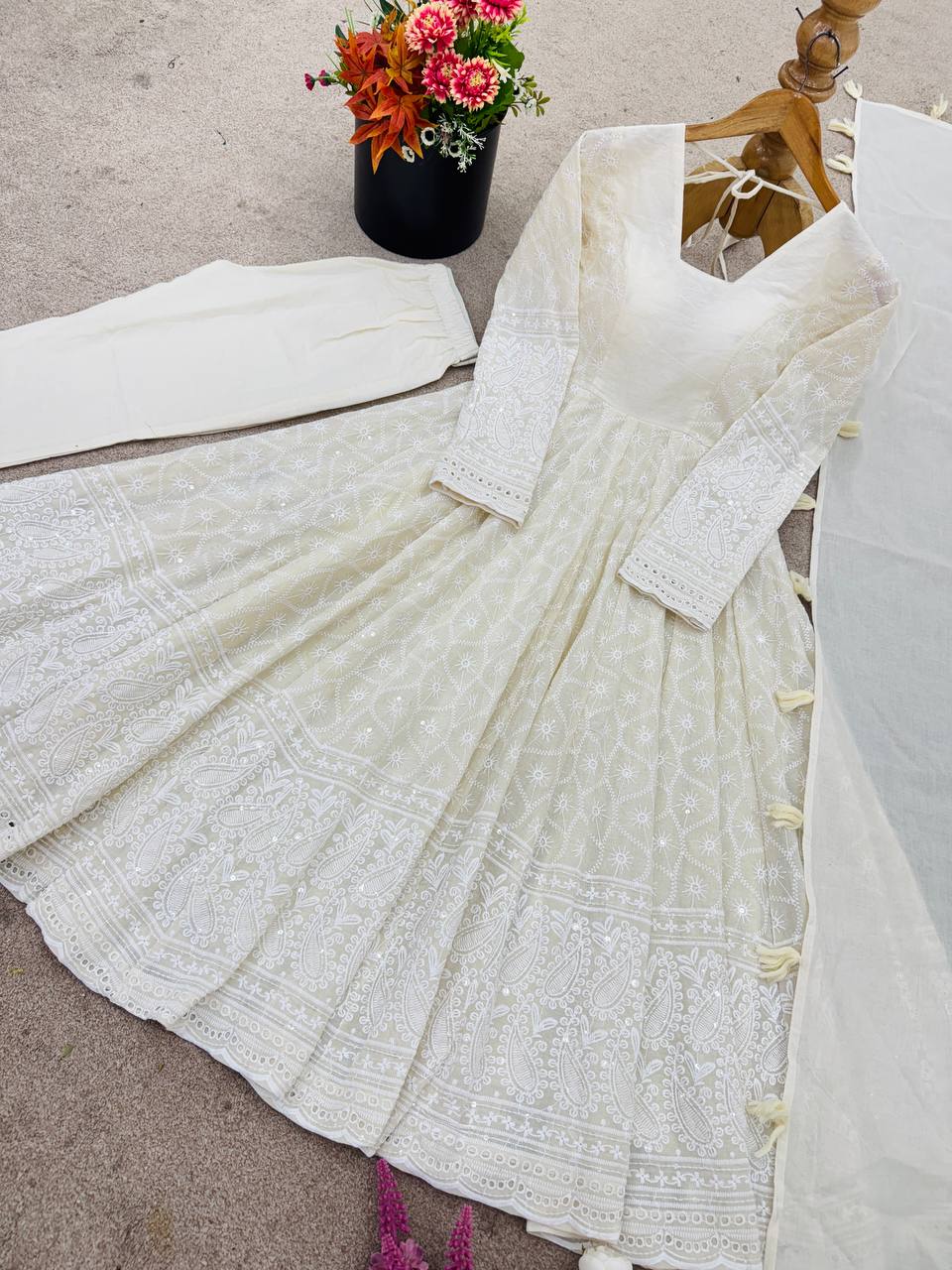 Party Wear Pure Kora Cotton Schiffli Work 3 Piece Set Anarkali Set