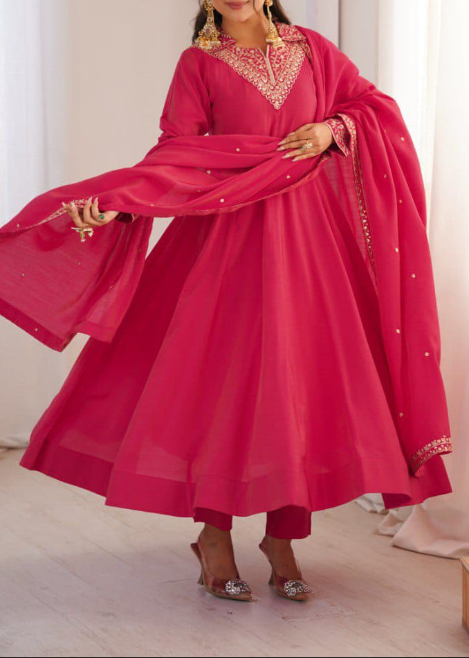 Roman Shimmer Silk Fully Flare Anarkali Suit Set With Embroidery Work