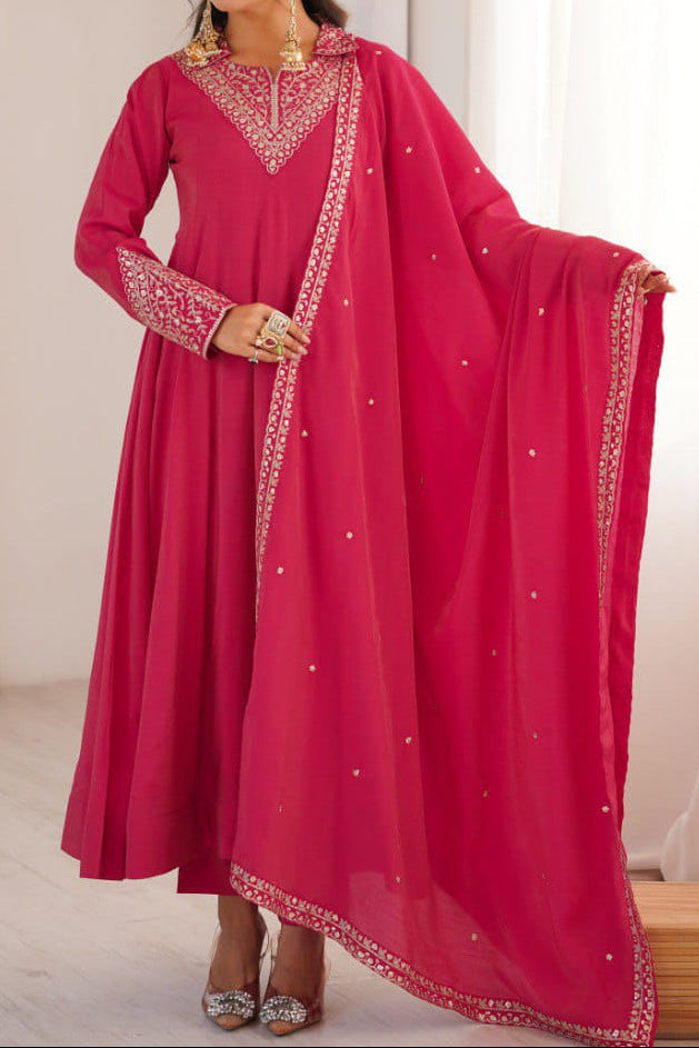 Roman Shimmer Silk Fully Flare Anarkali Suit Set With Embroidery Work