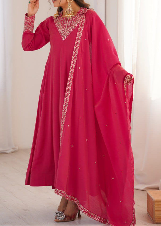 Roman Shimmer Silk Fully Flare Anarkali Suit Set With Embroidery Work