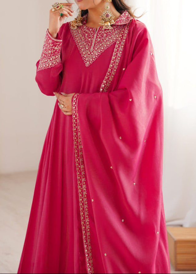 Roman Shimmer Silk Fully Flare Anarkali Suit Set With Embroidery Work