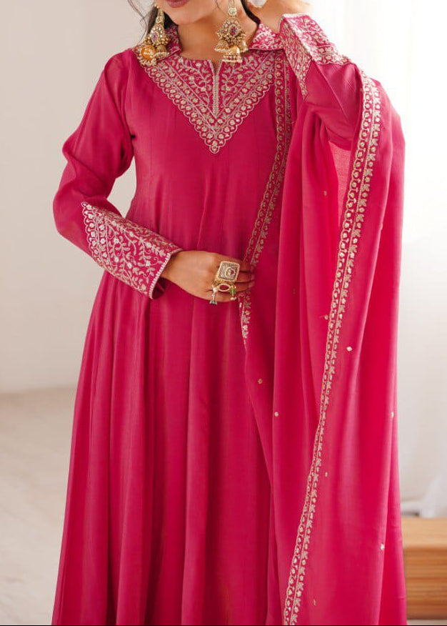 Roman Shimmer Silk Fully Flare Anarkali Suit Set With Embroidery Work