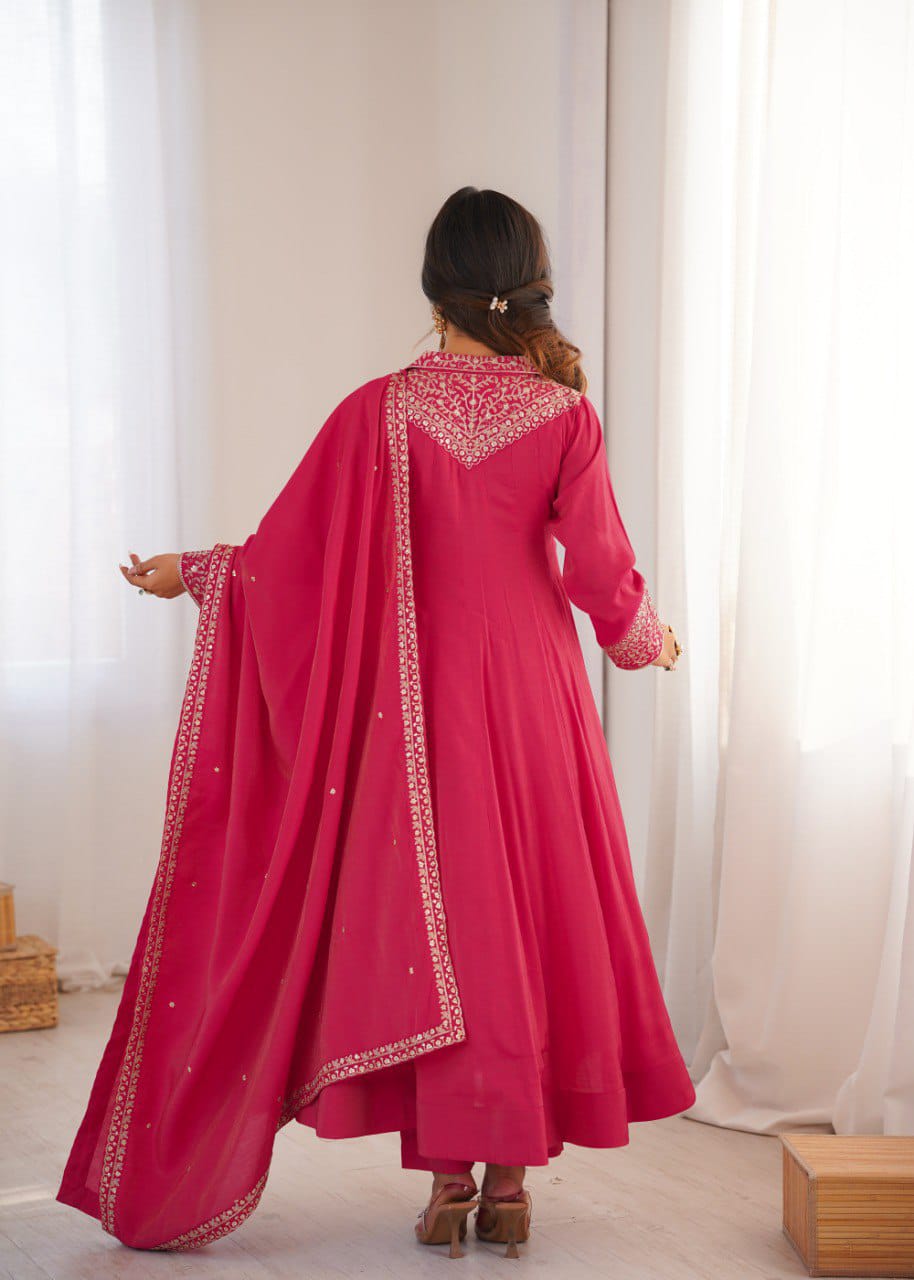 Roman Shimmer Silk Fully Flare Anarkali Suit Set With Embroidery Work