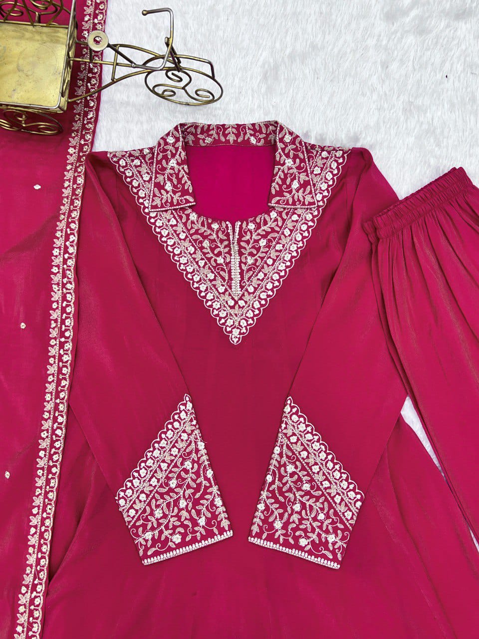 Roman Shimmer Silk Fully Flare Anarkali Suit Set With Embroidery Work