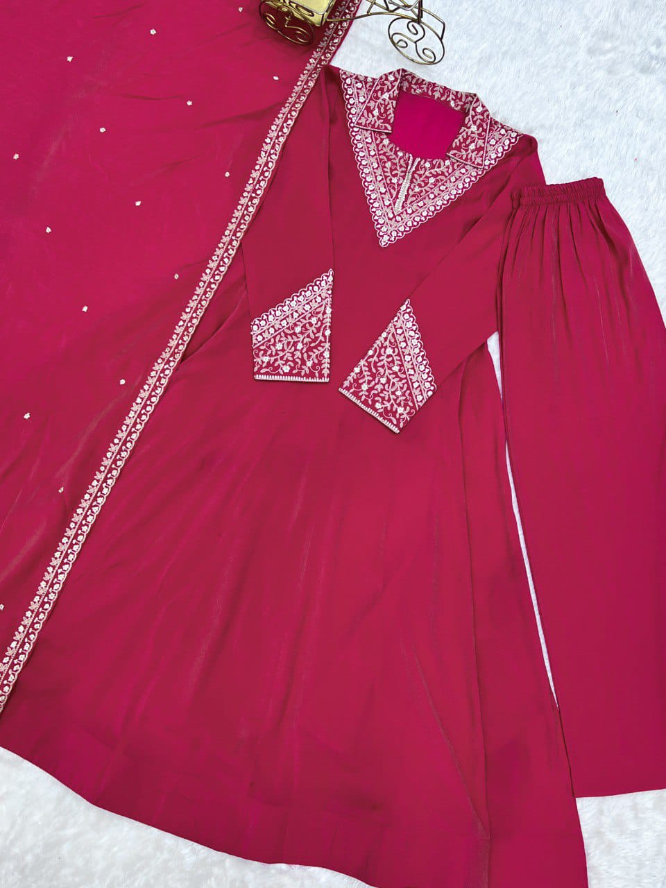 Roman Shimmer Silk Fully Flare Anarkali Suit Set With Embroidery Work