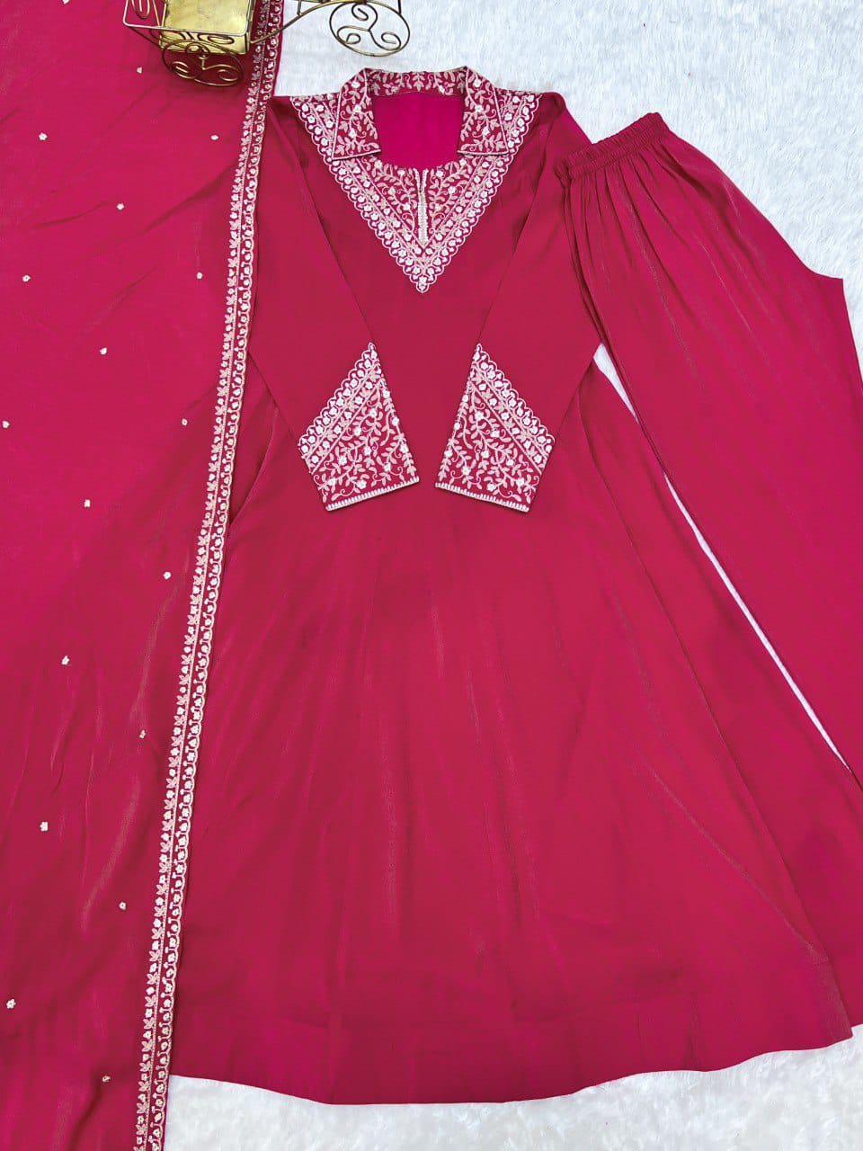 Roman Shimmer Silk Fully Flare Anarkali Suit Set With Embroidery Work