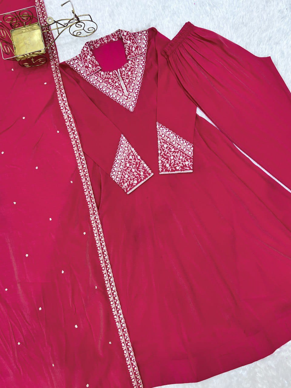 Roman Shimmer Silk Fully Flare Anarkali Suit Set With Embroidery Work
