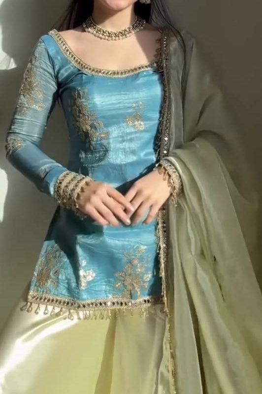 Party Wear Fendy Silk Sharara Set With Real Mirror Work Lace Dupatta