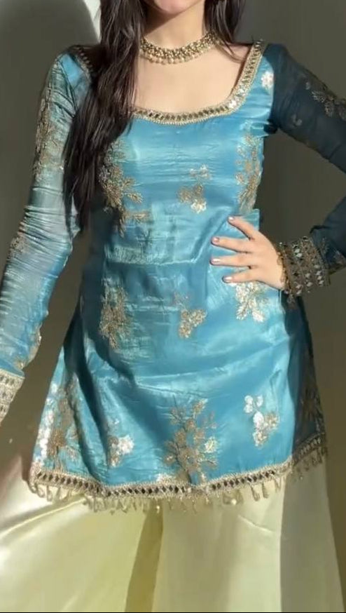 Party Wear Fendy Silk Sharara Set With Real Mirror Work Lace Dupatta