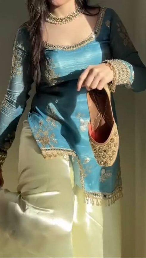 Party Wear Fendy Silk Sharara Set With Real Mirror Work Lace Dupatta