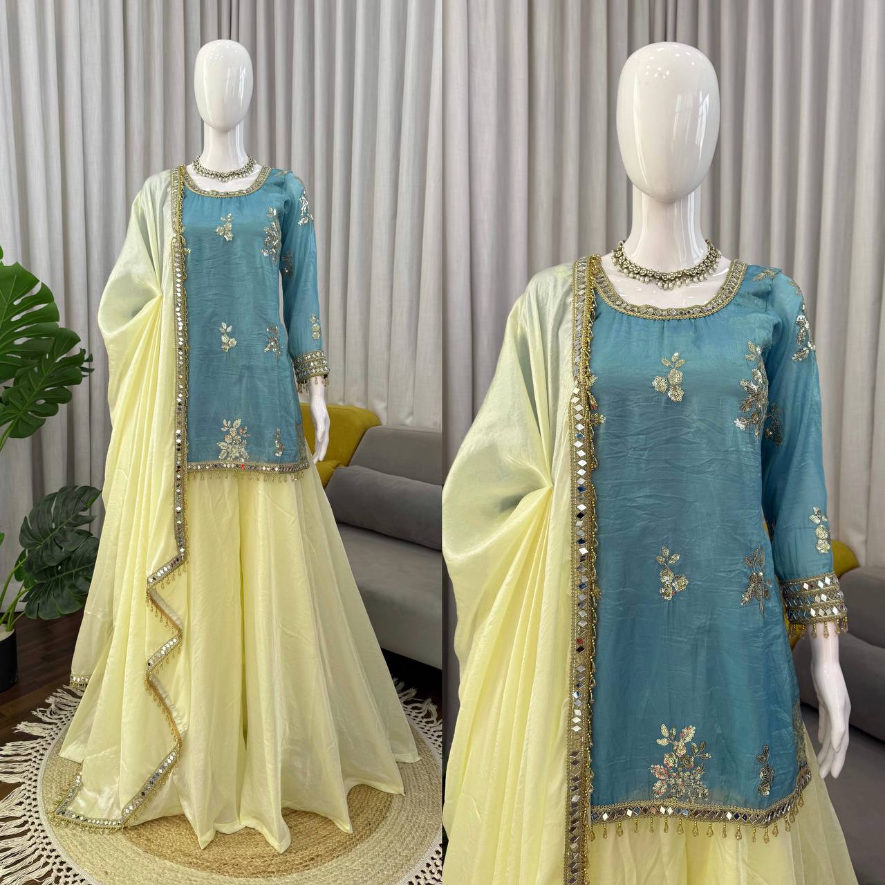 Party Wear Fendy Silk Sharara Set With Real Mirror Work Lace Dupatta