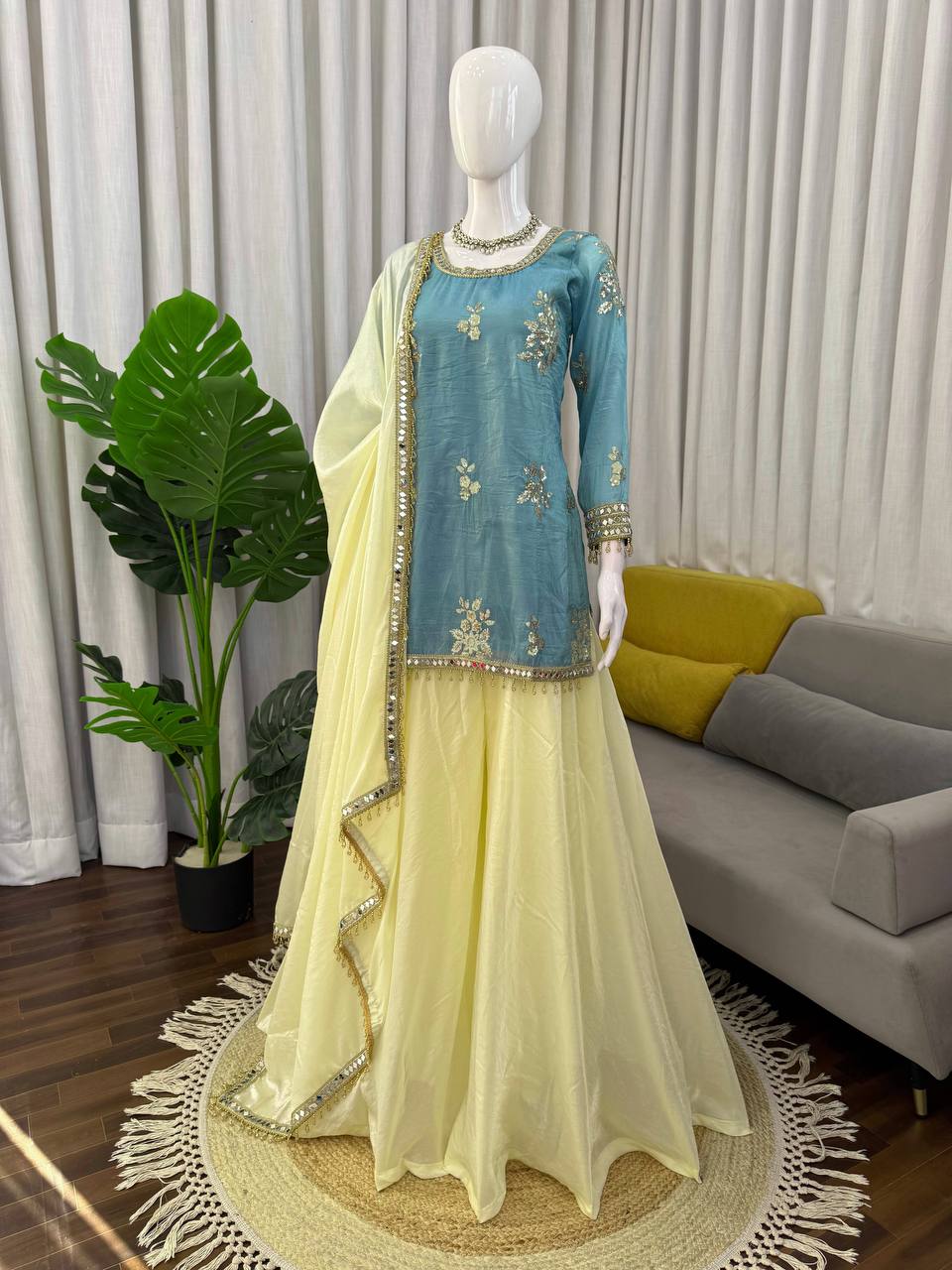 Party Wear Fendy Silk Sharara Set With Real Mirror Work Lace Dupatta