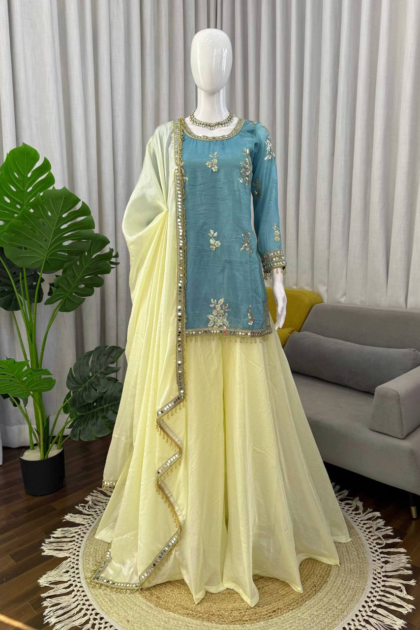 Party Wear Fendy Silk Sharara Set With Real Mirror Work Lace Dupatta