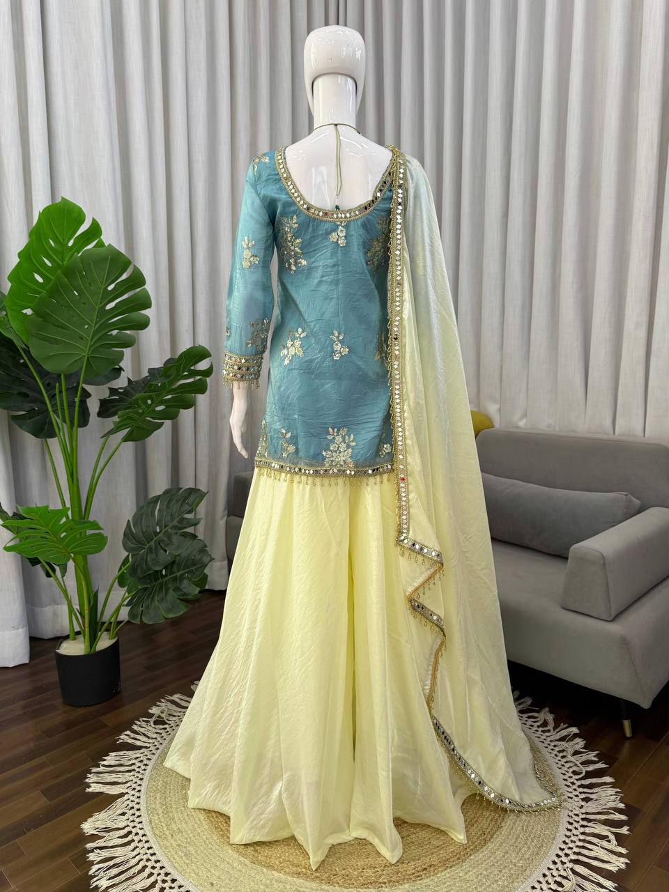 Party Wear Fendy Silk Sharara Set With Real Mirror Work Lace Dupatta