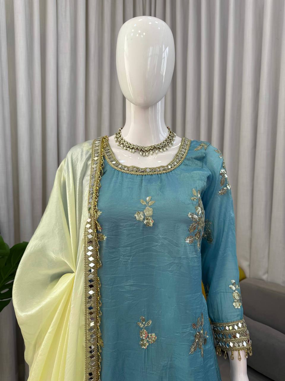 Party Wear Fendy Silk Sharara Set With Real Mirror Work Lace Dupatta