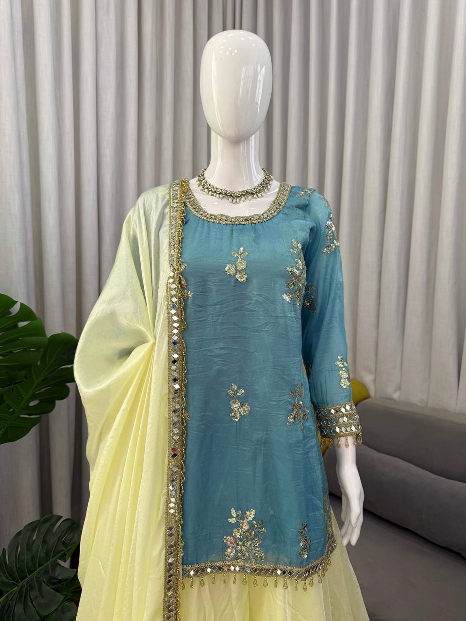 Party Wear Fendy Silk Sharara Set With Real Mirror Work Lace Dupatta
