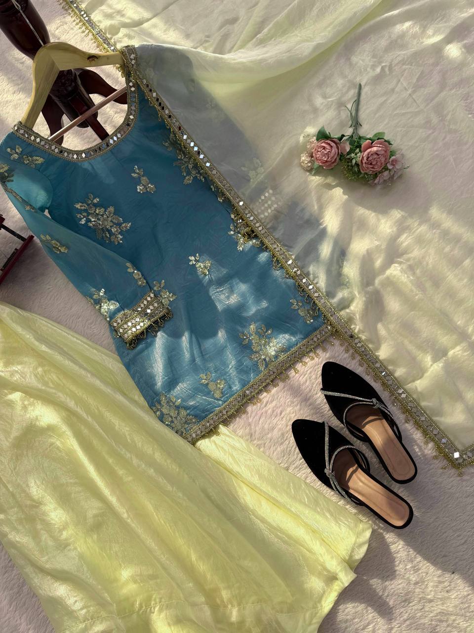 Party Wear Fendy Silk Sharara Set With Real Mirror Work Lace Dupatta