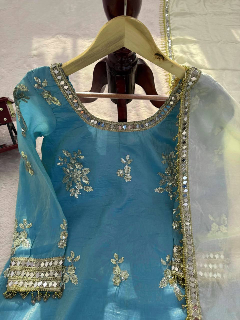 Party Wear Fendy Silk Sharara Set With Real Mirror Work Lace Dupatta