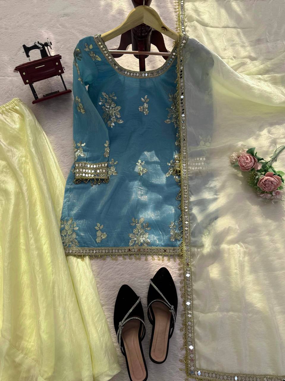 Party Wear Fendy Silk Sharara Set With Real Mirror Work Lace Dupatta