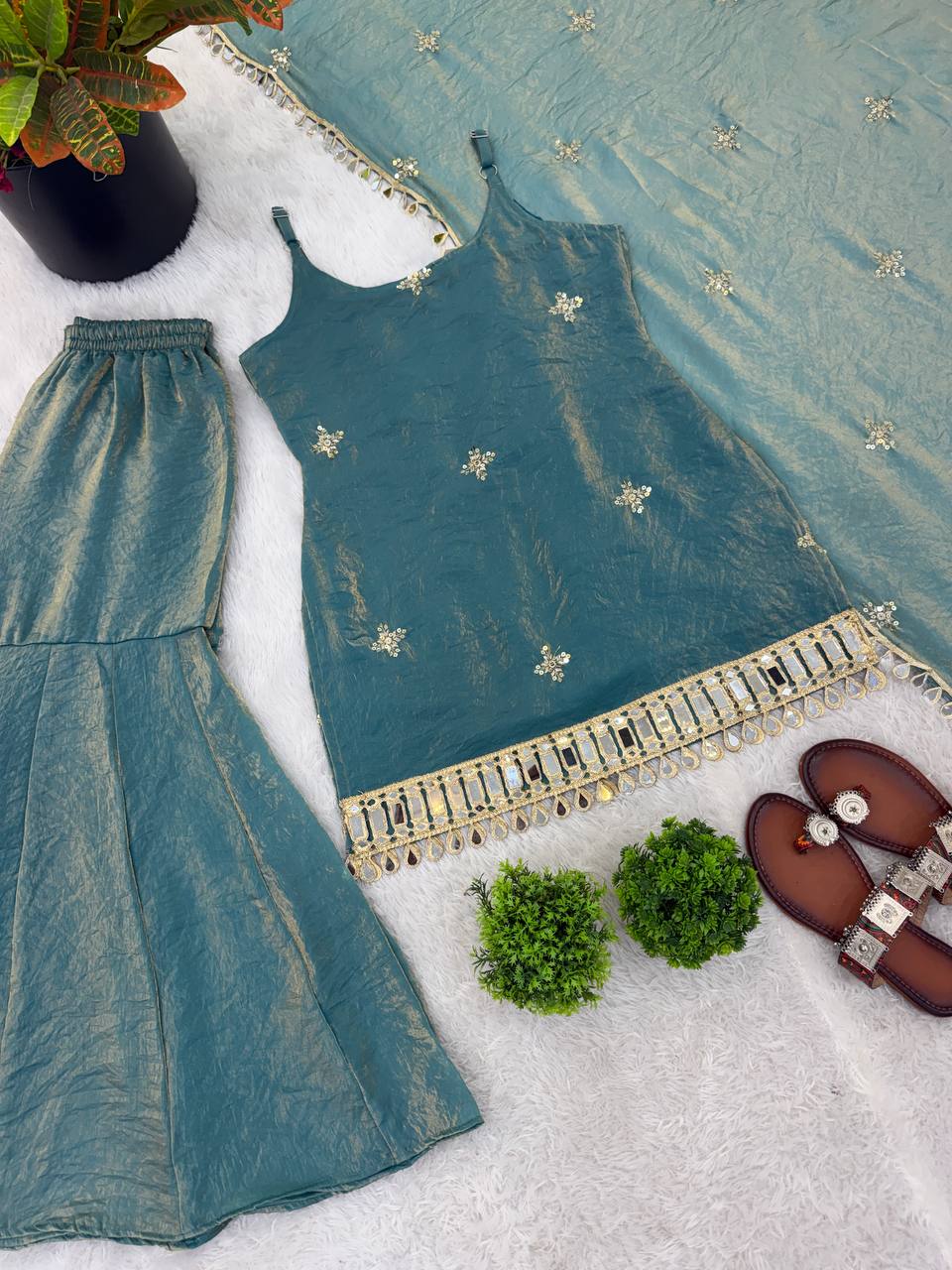 Indo Western Real Mirror Work Designer Sharara Set