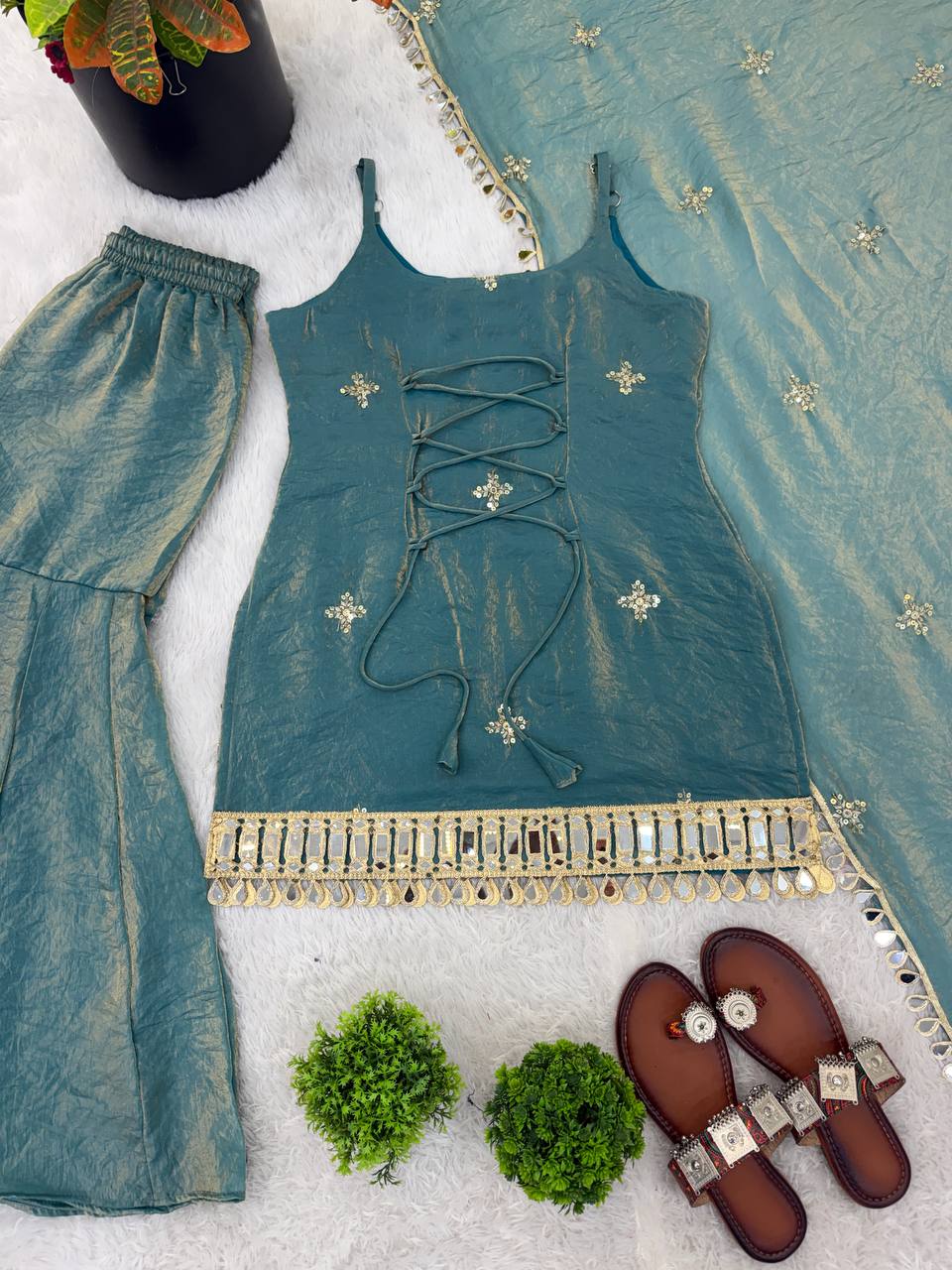 Indo Western Real Mirror Work Designer Sharara Set