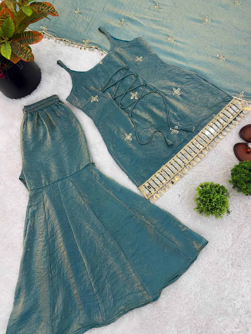 Indo Western Real Mirror Work Designer Sharara Set