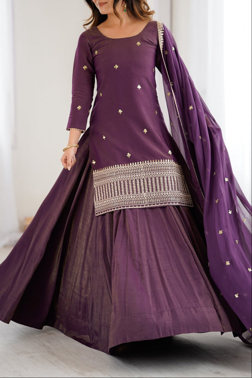 Premium Quality Pure Roman Shimmer Chanderi Silk Fully Flare Lehenga Kurti Set
