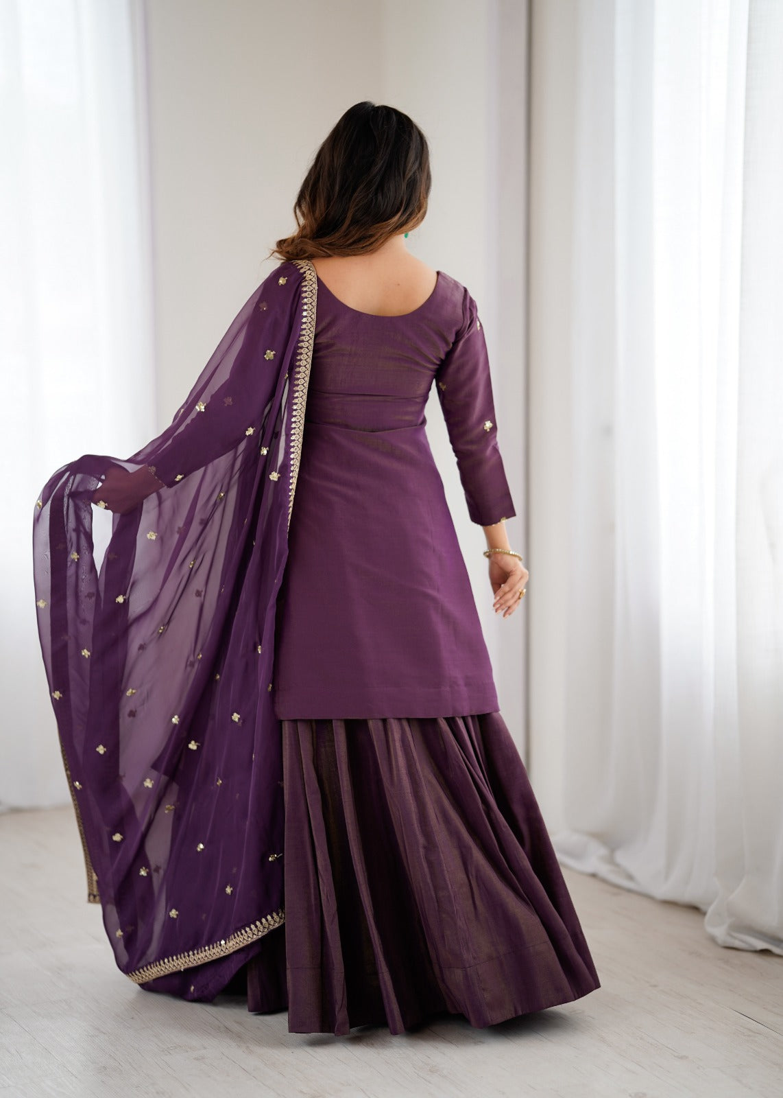 Premium Quality Pure Roman Shimmer Chanderi Silk Fully Flare Lehenga Kurti Set