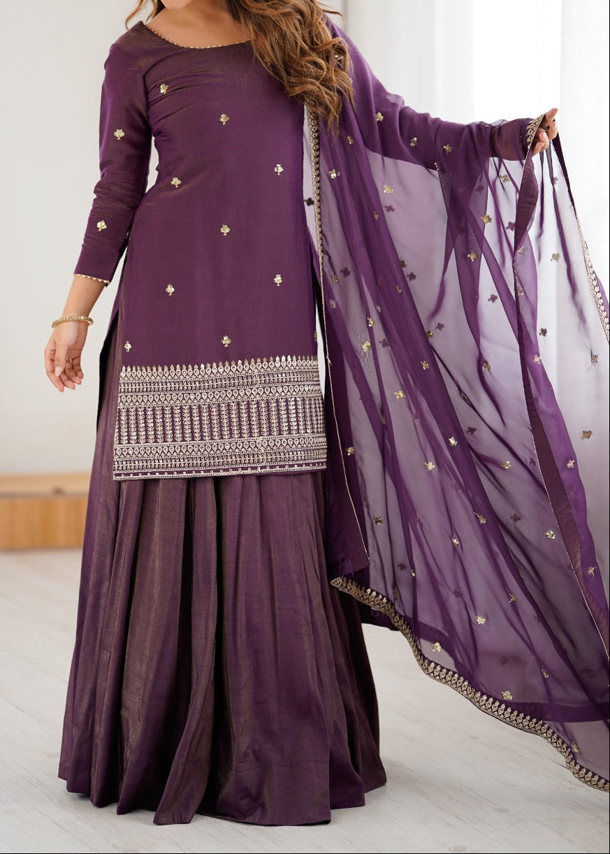 Premium Quality Pure Roman Shimmer Chanderi Silk Fully Flare Lehenga Kurti Set
