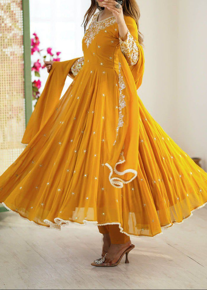 Elegant Heavy Embroidery & Sequence Work Three-Piece Anarkali Suit Set