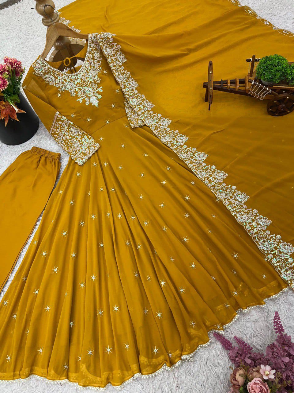 Elegant Heavy Embroidery & Sequence Work Three-Piece Anarkali Suit Set