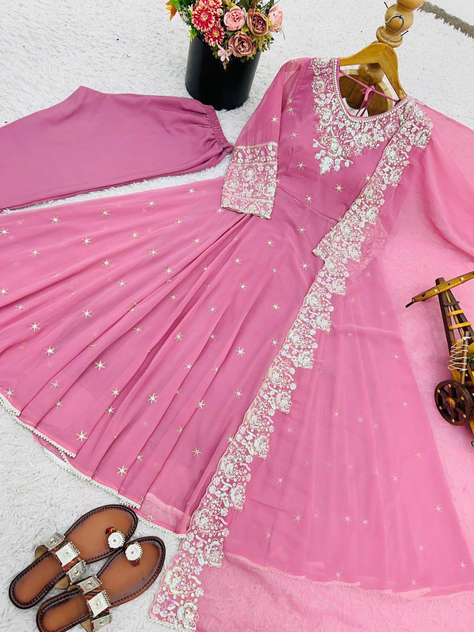 Elegant Heavy Embroidery & Sequence Work Three-Piece Anarkali Suit Set