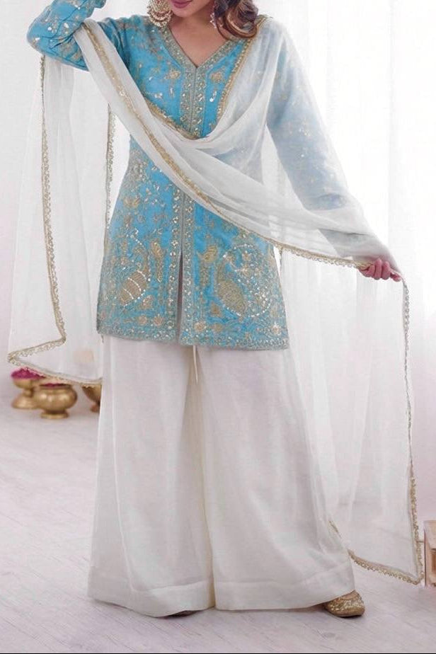 New Party Wear Look Pure Heavy Fendy Silk Top Sharara & Dupatta Set