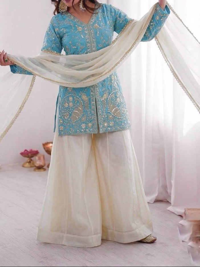 New Party Wear Look Pure Heavy Fendy Silk Top Sharara & Dupatta Set
