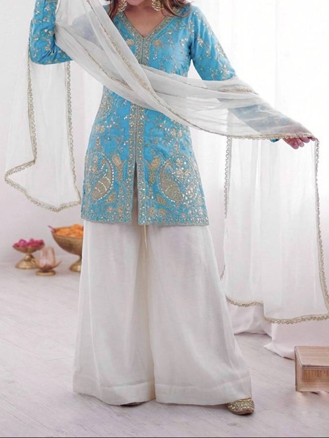 New Party Wear Look Pure Heavy Fendy Silk Top Sharara & Dupatta Set