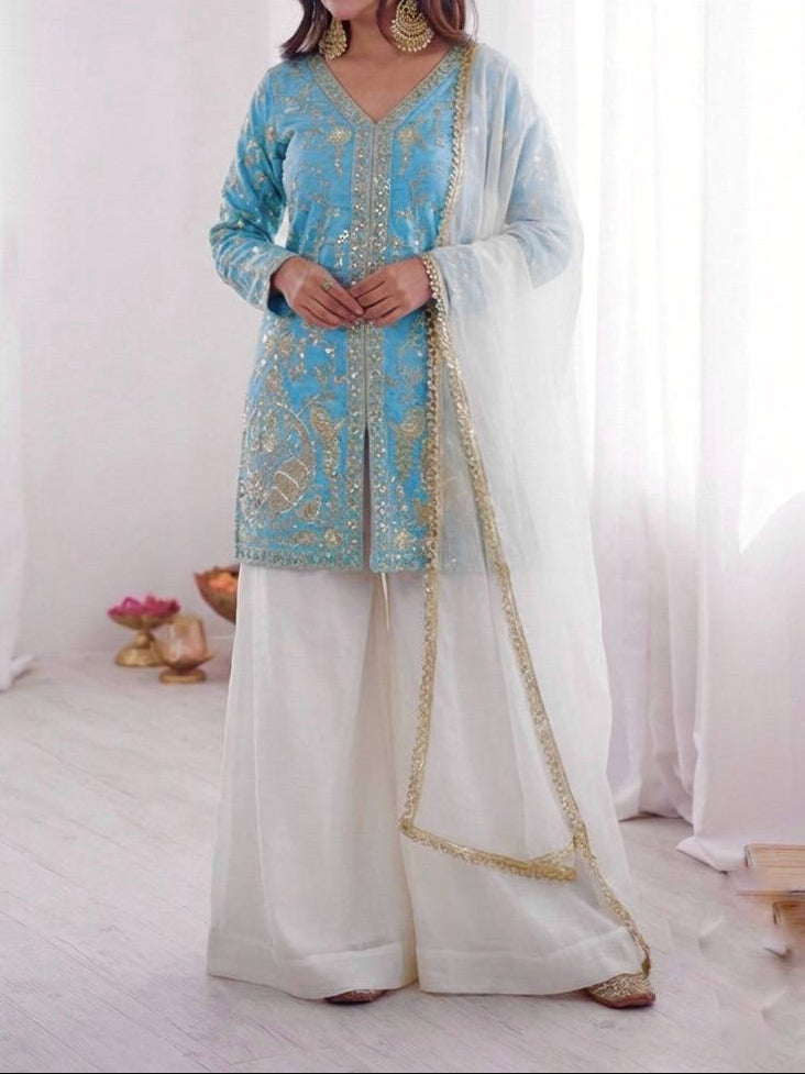 New Party Wear Look Pure Heavy Fendy Silk Top Sharara & Dupatta Set