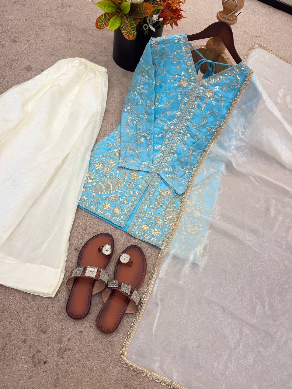 New Party Wear Look Pure Heavy Fendy Silk Top Sharara & Dupatta Set