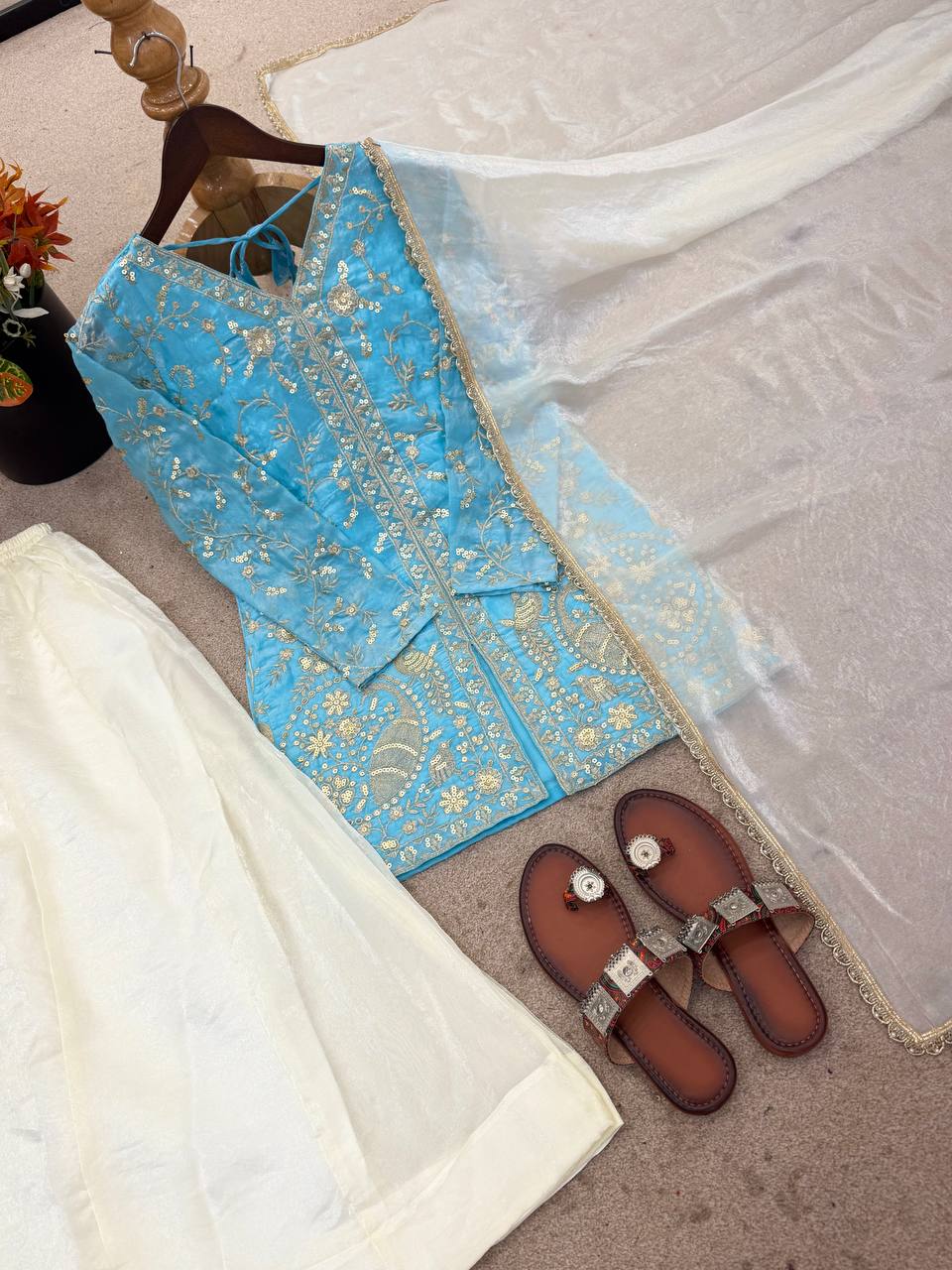 New Party Wear Look Pure Heavy Fendy Silk Top Sharara & Dupatta Set